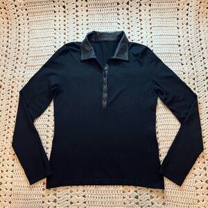 Women's Black Silk Blend Sweater with Black Leather Collar and Placket Medium